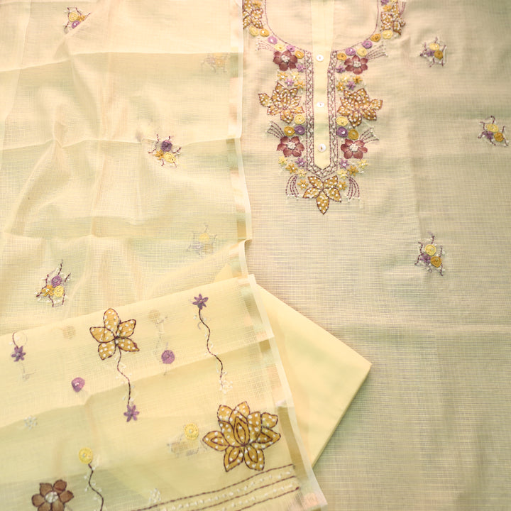 Ruby Butter Yellow Kolkata Hand Embriodered Kota Doriya Set