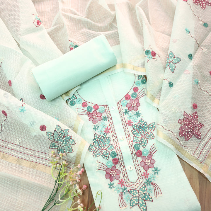 Ruby Powder Blue Kolkata Hand Embriodered Kota Doriya Set