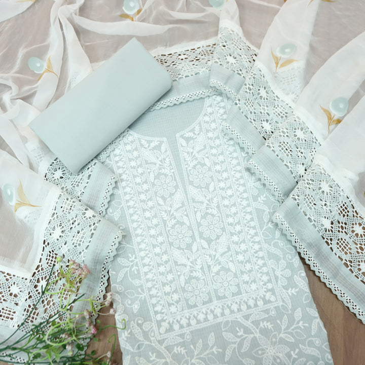 Rajmoli Sky Grey All Over Thread Embroidered with Crochet Hem Kota Doriya Set