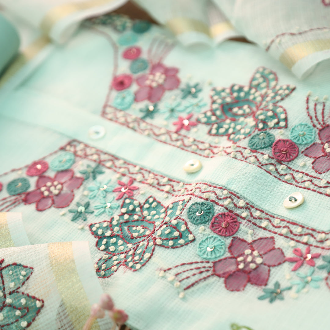 Ruby Powder Blue Kolkata Hand Embriodered Kota Doriya Set