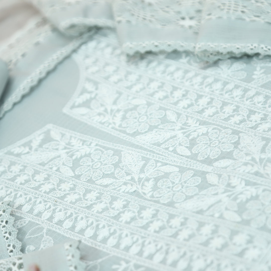 Rajmoli Sky Grey All Over Thread Embroidered with Crochet Hem Kota Doriya Set