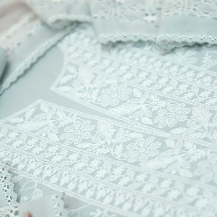 Rajmoli Sky Grey All Over Thread Embroidered with Crochet Hem Kota Doriya Set