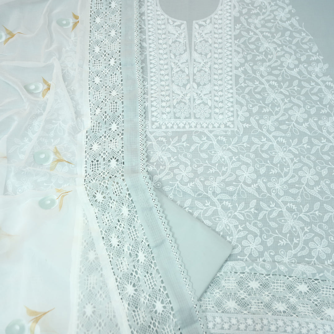 Rajmoli Sky Grey All Over Thread Embroidered with Crochet Hem Kota Doriya Set