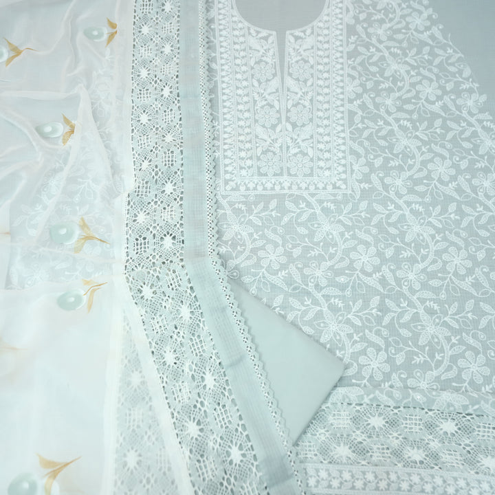 Rajmoli Sky Grey All Over Thread Embroidered with Crochet Hem Kota Doriya Set