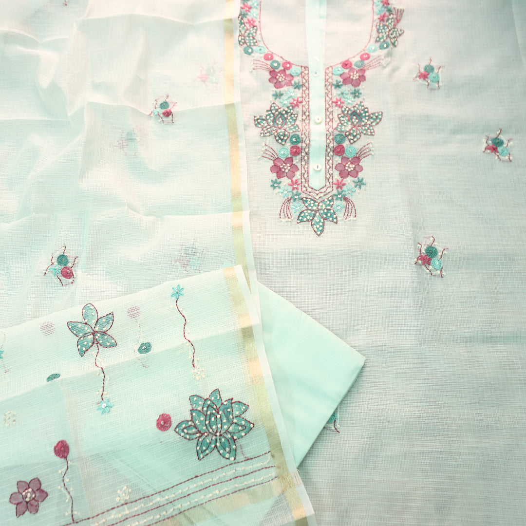 Ruby Powder Blue Kolkata Hand Embriodered Kota Doriya Set