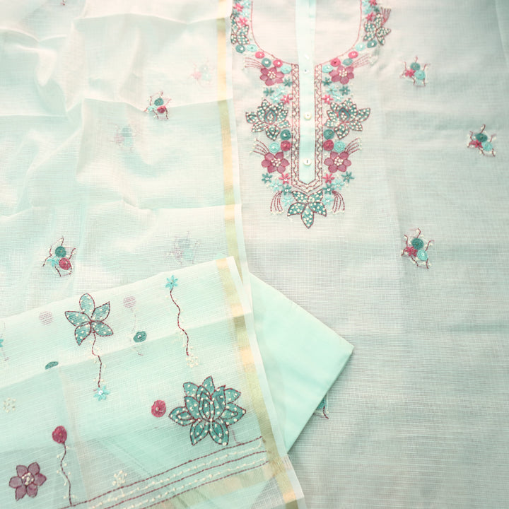 Ruby Powder Blue Kolkata Hand Embriodered Kota Doriya Set