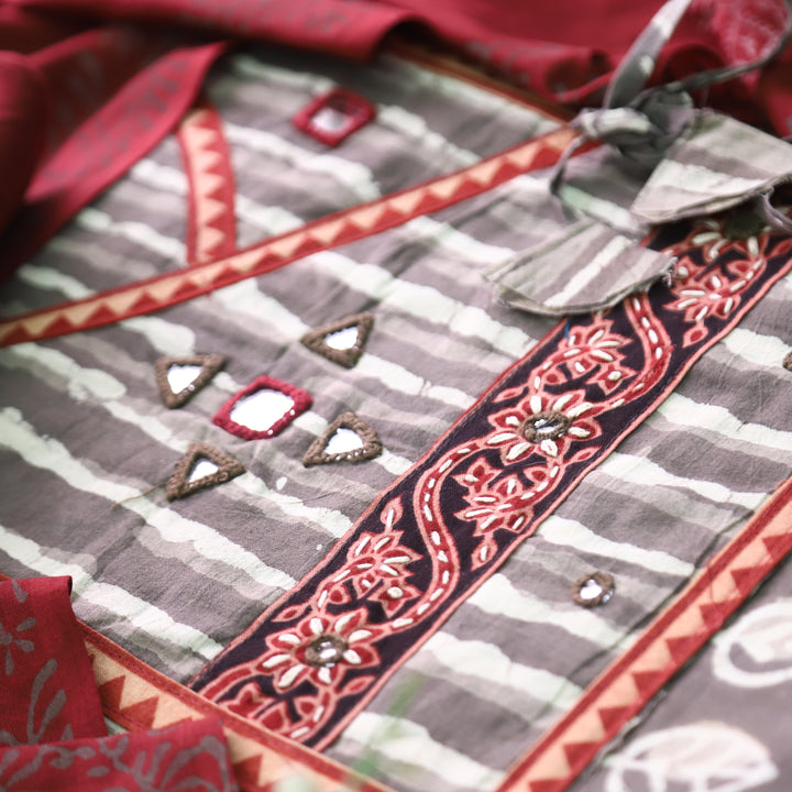 Kakaswi Hazel Beige Angrakha Kutch Neck  Printed Cotton Set