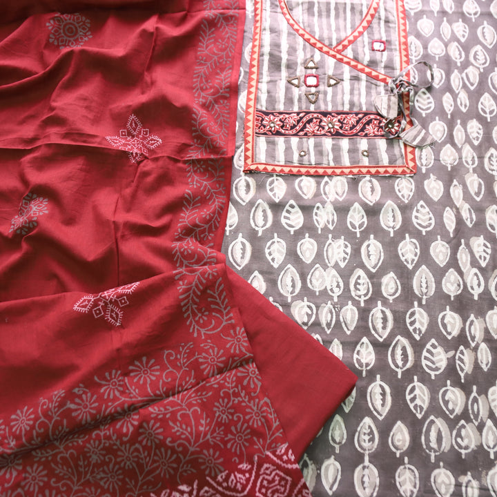 Kakaswi Hazel Beige Angrakha Kutch Neck  Printed Cotton Set