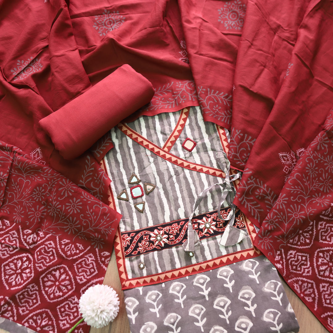 Kakaswi Hazel Beige Angrakha Kutch Neck  Printed Cotton Set D2