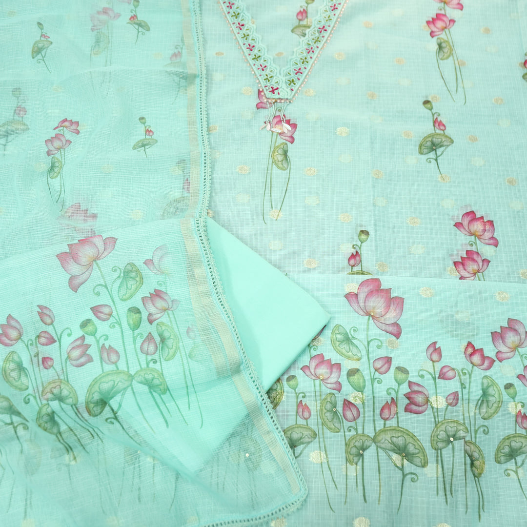 Alina Ocean Aqua V Neck with Moti and Kardana in Pichwai Printed Kota Doriya Set