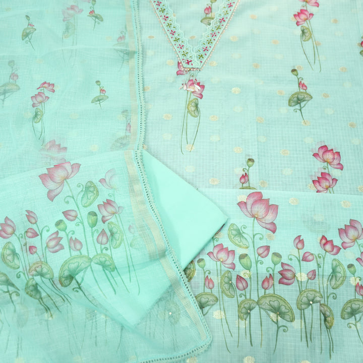 Alina Ocean Aqua V Neck with Moti and Kardana in Pichwai Printed Kota Doriya Set