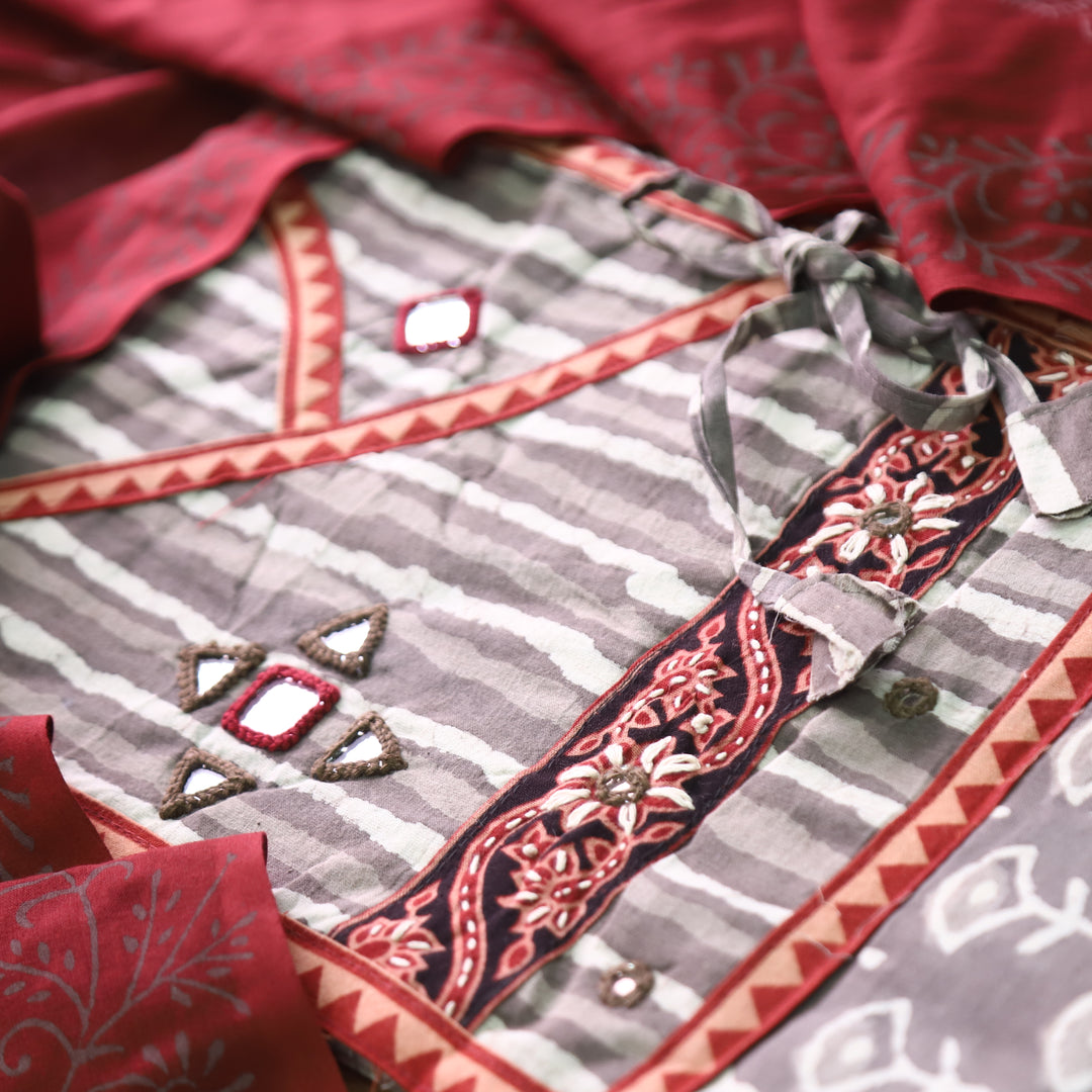 Kakaswi Hazel Beige Angrakha Kutch Neck  Printed Cotton Set D2