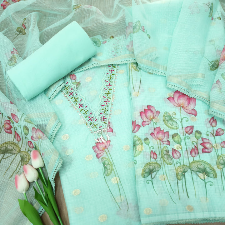Alina Ocean Aqua V Neck with Moti and Kardana in Pichwai Printed Kota Doriya Set