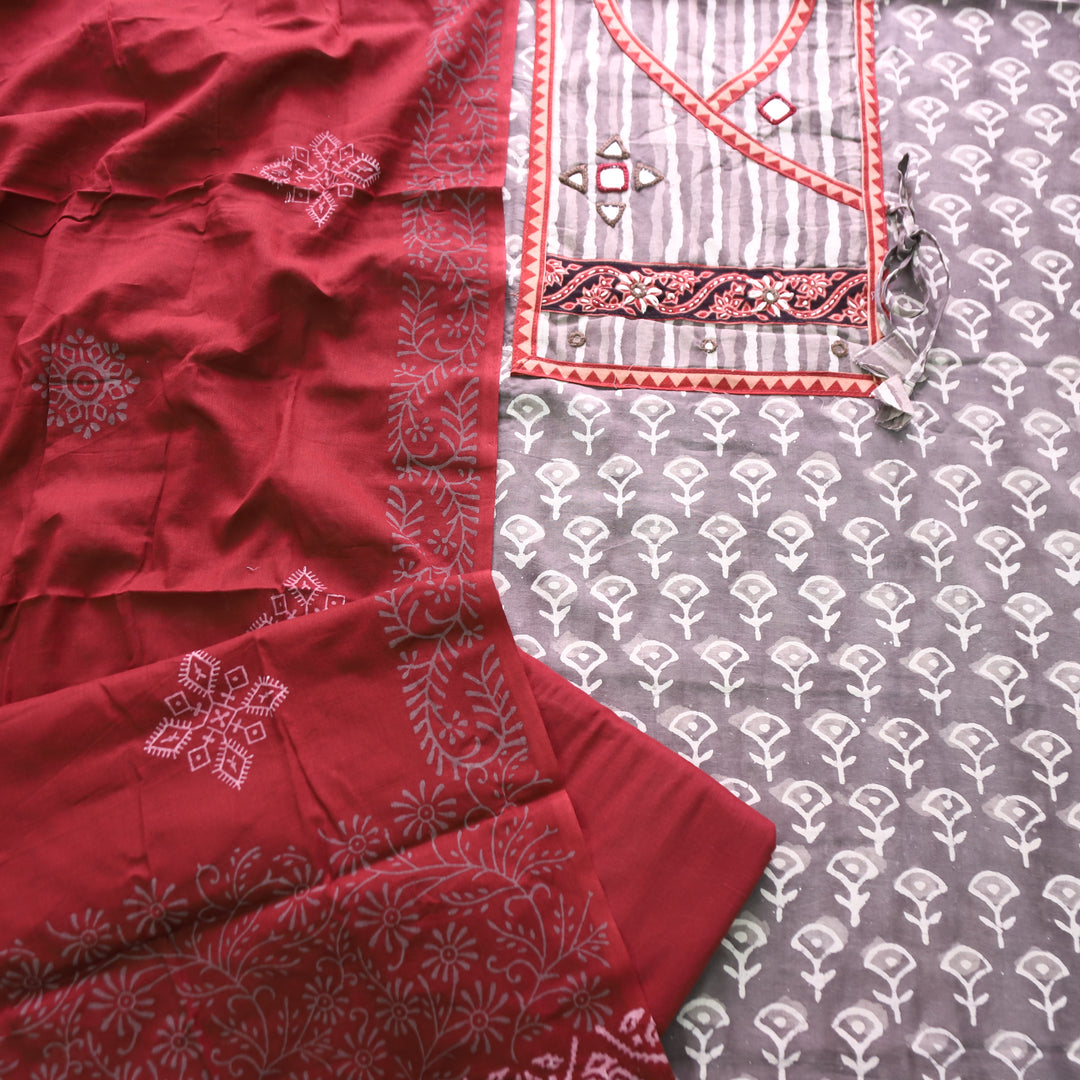 Kakaswi Hazel Beige Angrakha Kutch Neck  Printed Cotton Set D2