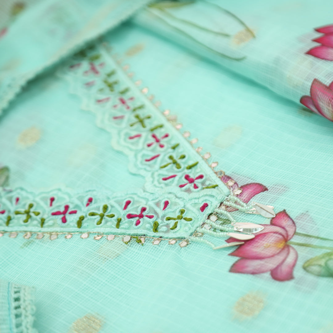 Alina Ocean Aqua V Neck with Moti and Kardana in Pichwai Printed Kota Doriya Set