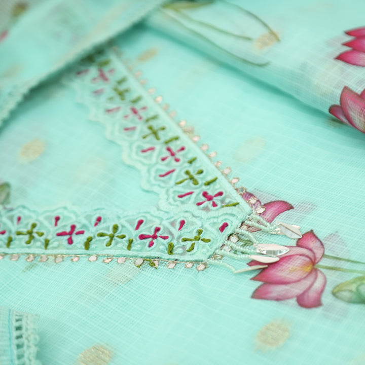 Alina Ocean Aqua V Neck with Moti and Kardana in Pichwai Printed Kota Doriya Set