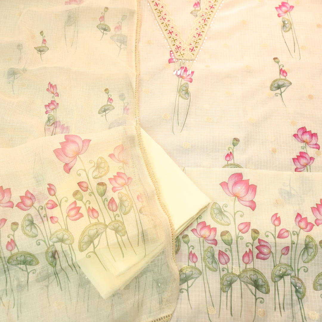 Alina Buttermilk Yellow V Neck with Moti and Kardana in Pichwai Printed Kota Doriya Set