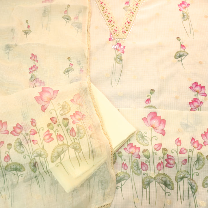 Alina Buttermilk Yellow V Neck with Moti and Kardana in Pichwai Printed Kota Doriya Set