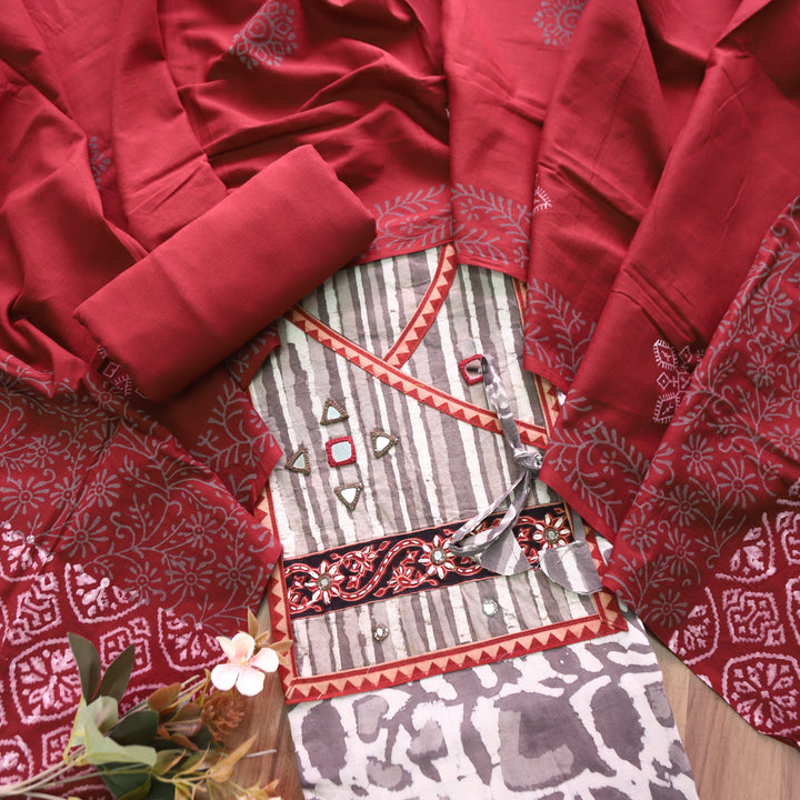 Kakaswi Hazel Beige Angrakha Kutch Neck  Printed Cotton Set D3