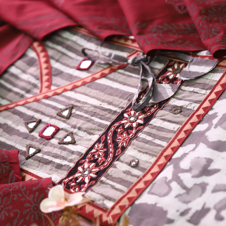 Kakaswi Hazel Beige Angrakha Kutch Neck  Printed Cotton Set D3