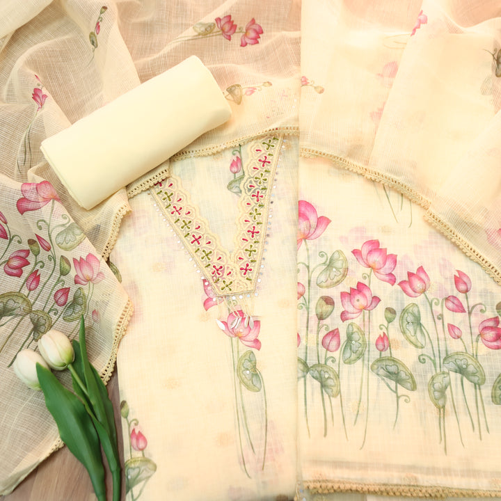 Alina Buttermilk Yellow V Neck with Moti and Kardana in Pichwai Printed Kota Doriya Set