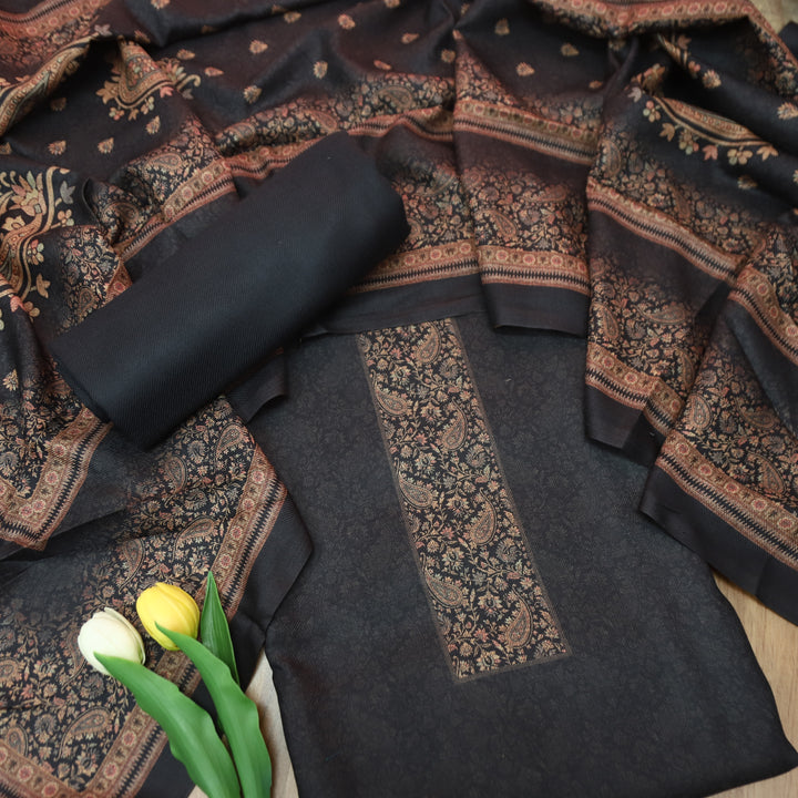 झिलमिल Midnight Black Elegant Digital Printed Semi Pashmina Winter Set