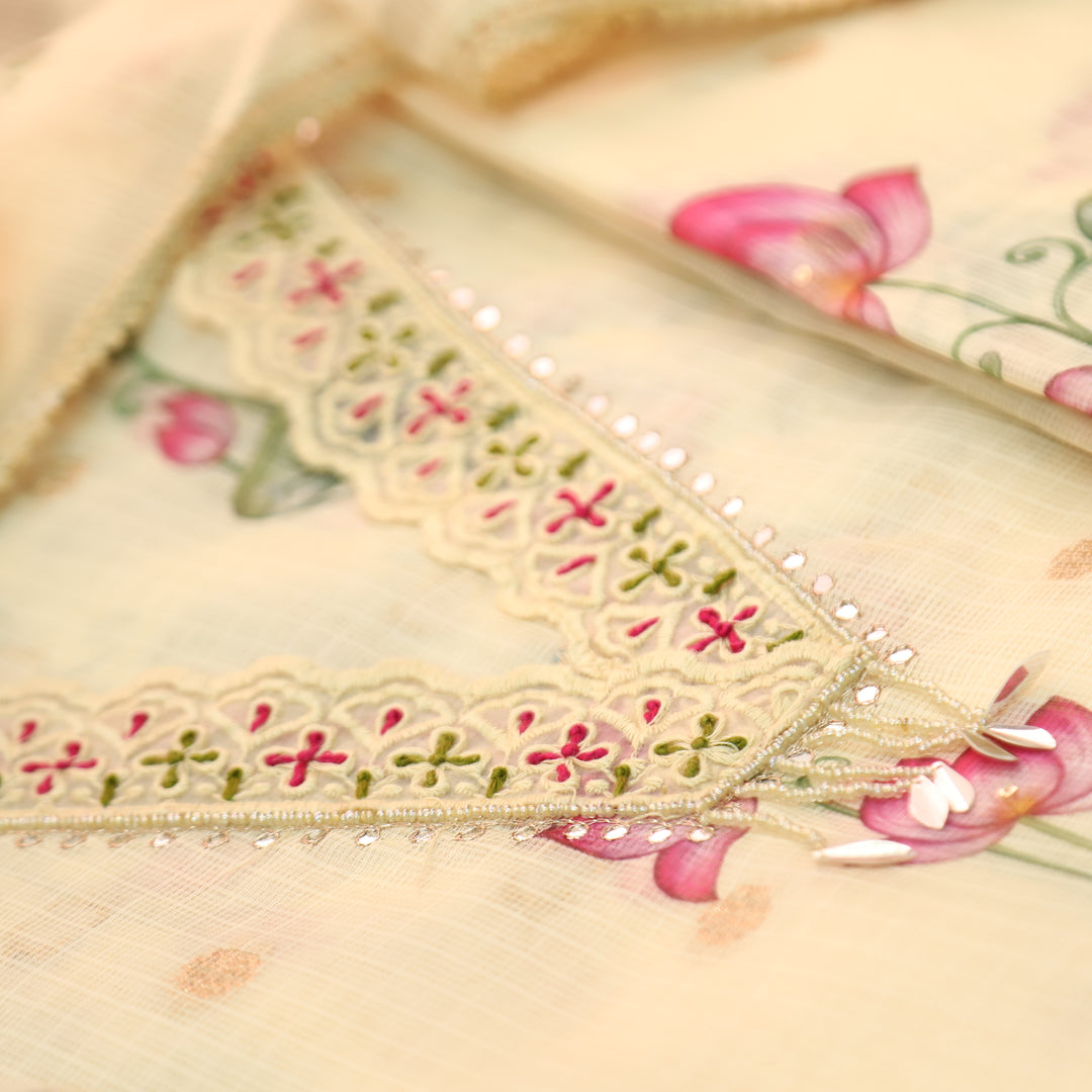Alina Buttermilk Yellow V Neck with Moti and Kardana in Pichwai Printed Kota Doriya Set