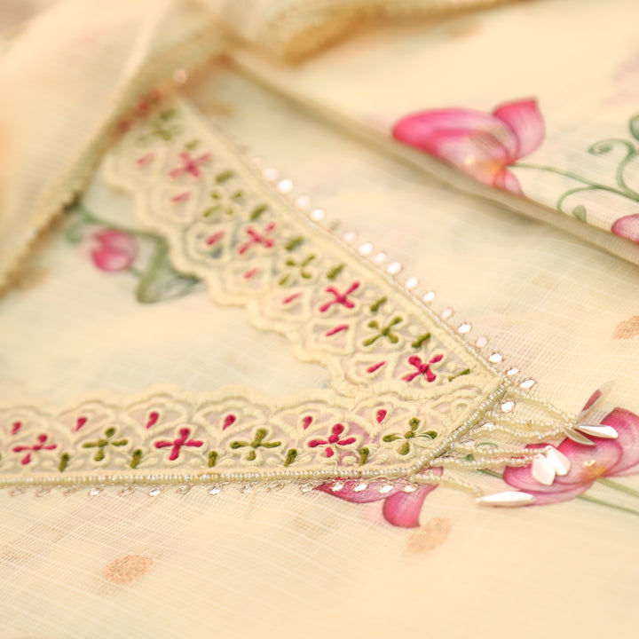 Alina Buttermilk Yellow V Neck with Moti and Kardana in Pichwai Printed Kota Doriya Set