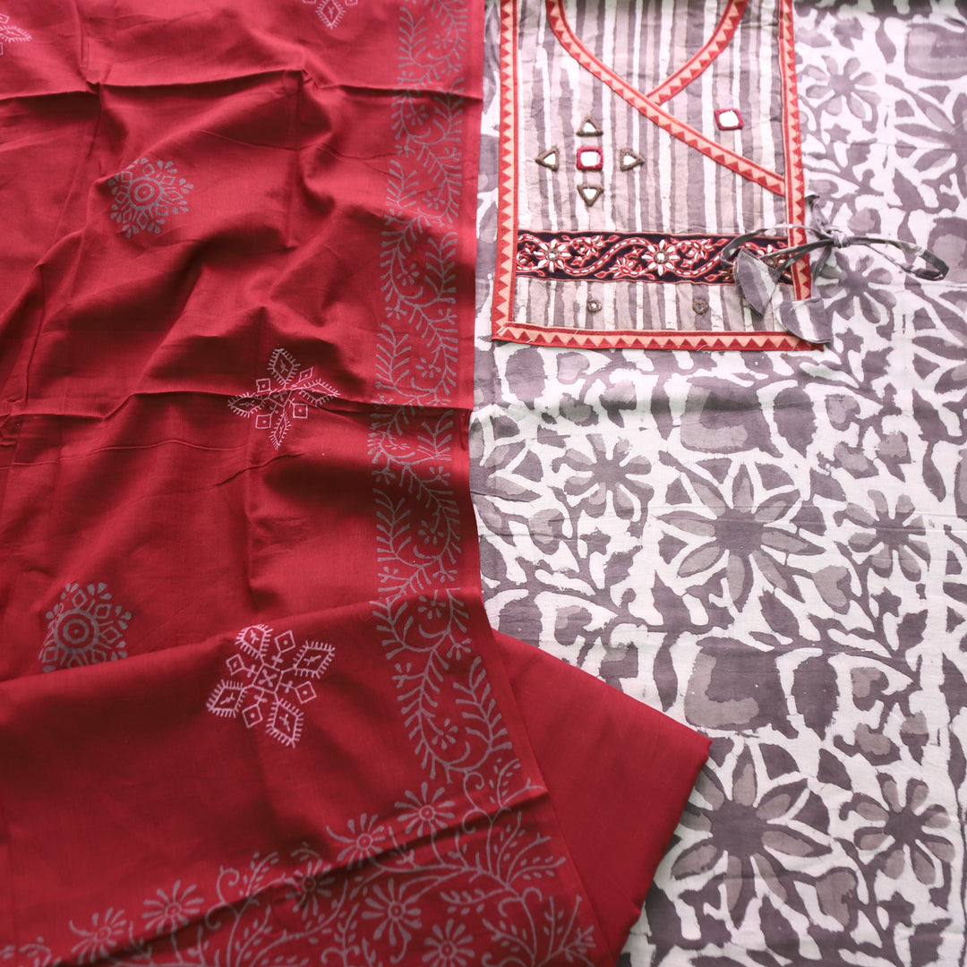 Kakaswi Hazel Beige Angrakha Kutch Neck  Printed Cotton Set D3