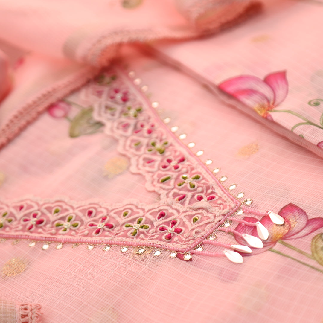 Alina Pumpkin Peach V Neck with Moti and Kardana in Pichwai Printed Kota Doriya Set