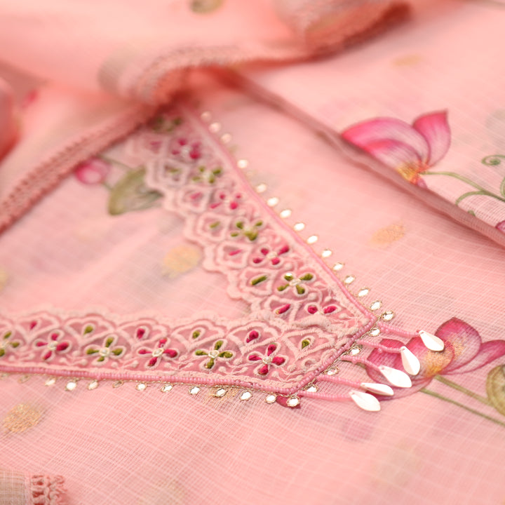 Alina Pumpkin Peach V Neck with Moti and Kardana in Pichwai Printed Kota Doriya Set