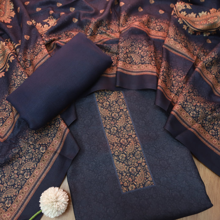 झिलमिल Air Navy Blue Elegant Digital Printed Semi Pashmina Winter Set