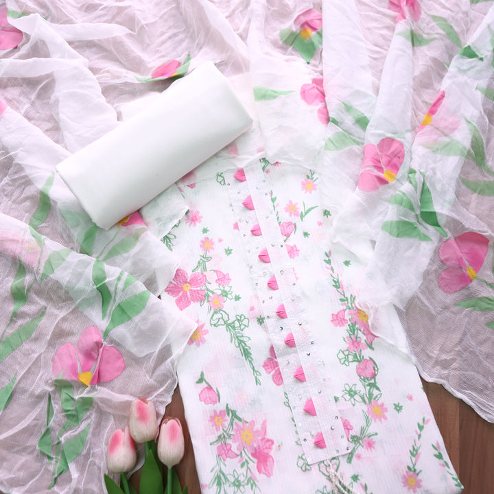Reshmi White Patch with Floral Printed Cotton Dobby Set