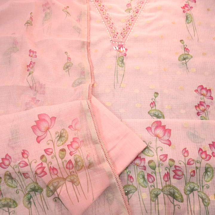 Alina Pumpkin Peach V Neck with Moti and Kardana in Pichwai Printed Kota Doriya Set