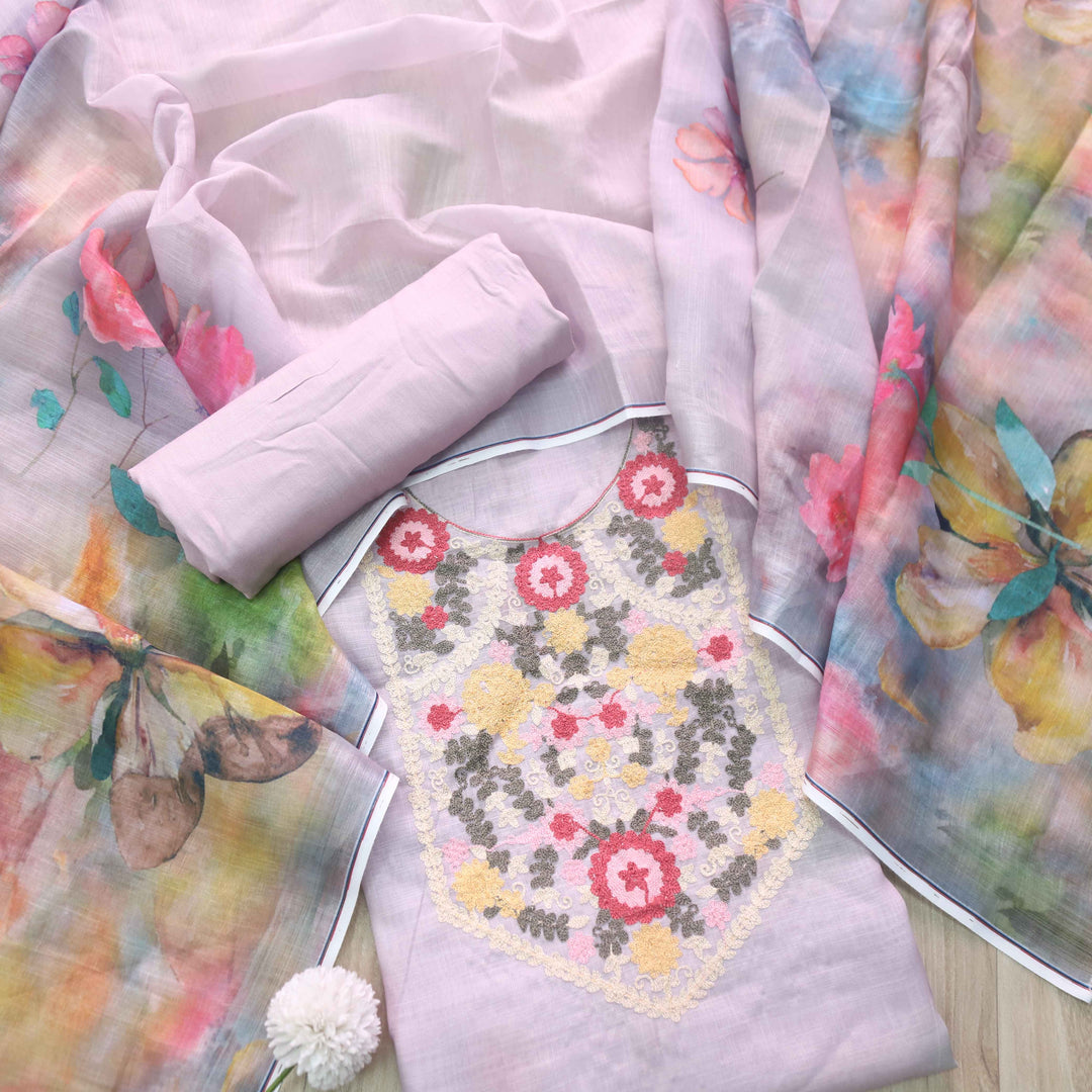 Fitoori Lavender Purple Kashida Inspired Work Cotton Linen Suit Set
