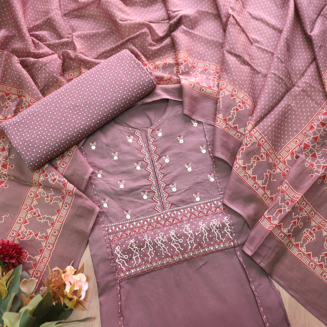 Rimjhim Tan Hazel Beige Patra with Thread Embroidered Yoke Cotton Suit Set