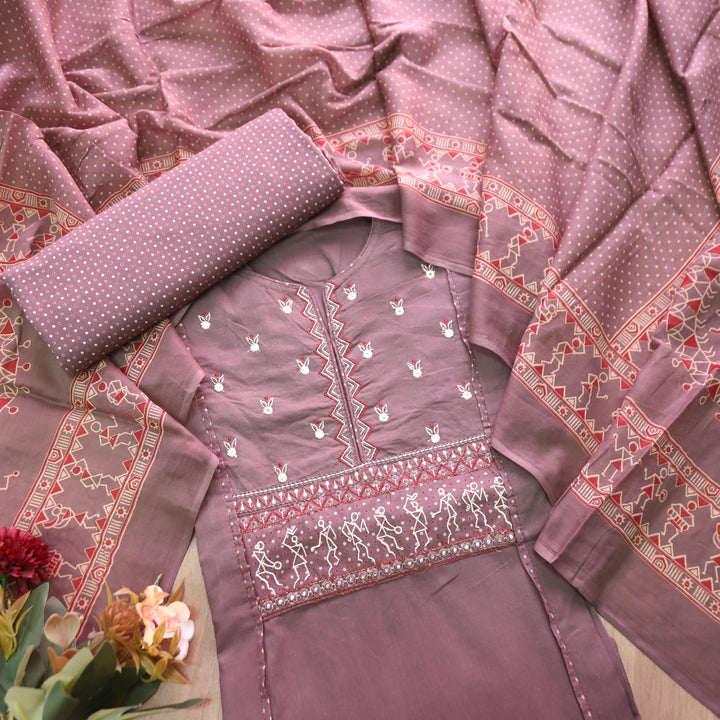 Rimjhim Tan Hazel Beige Patra with Thread Embroidered Yoke Cotton Suit Set