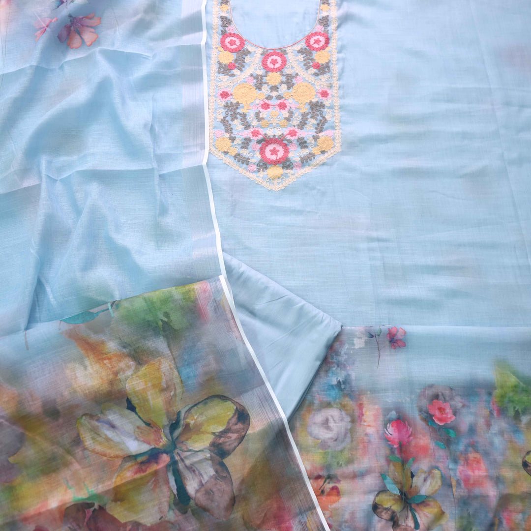 Fitoori Artic Blue Kashida Inspired Work Cotton Linen Suit Set
