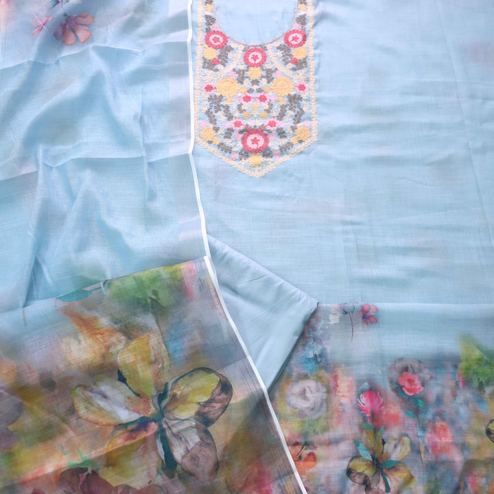 Fitoori Artic Blue Kashida Inspired Work Cotton Linen Suit Set