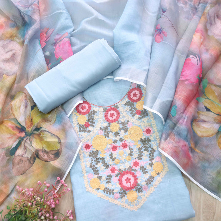 Fitoori Artic Blue Kashida Inspired Work Cotton Linen Suit Set