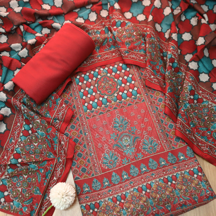 रत्ना Berry Red in Panel Style Elegant Digital Printed Semi Pashmina Winter Set
