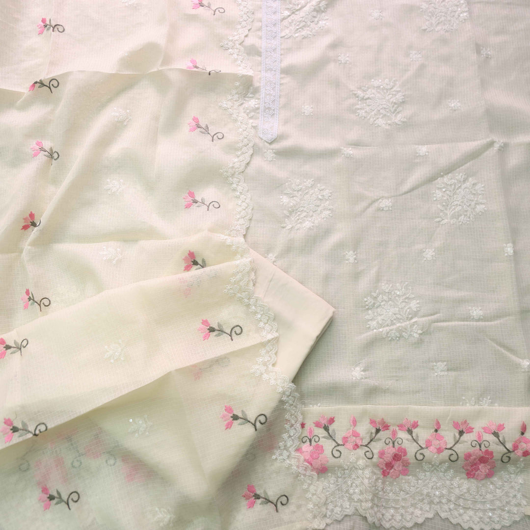 Iftaari Buter Yellow Floral Thread Embroidered Kota Doriya suit Set