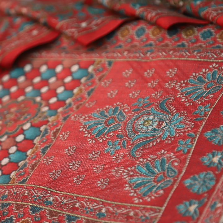 रत्ना Berry Red in Panel Style Elegant Digital Printed Semi Pashmina Winter Set