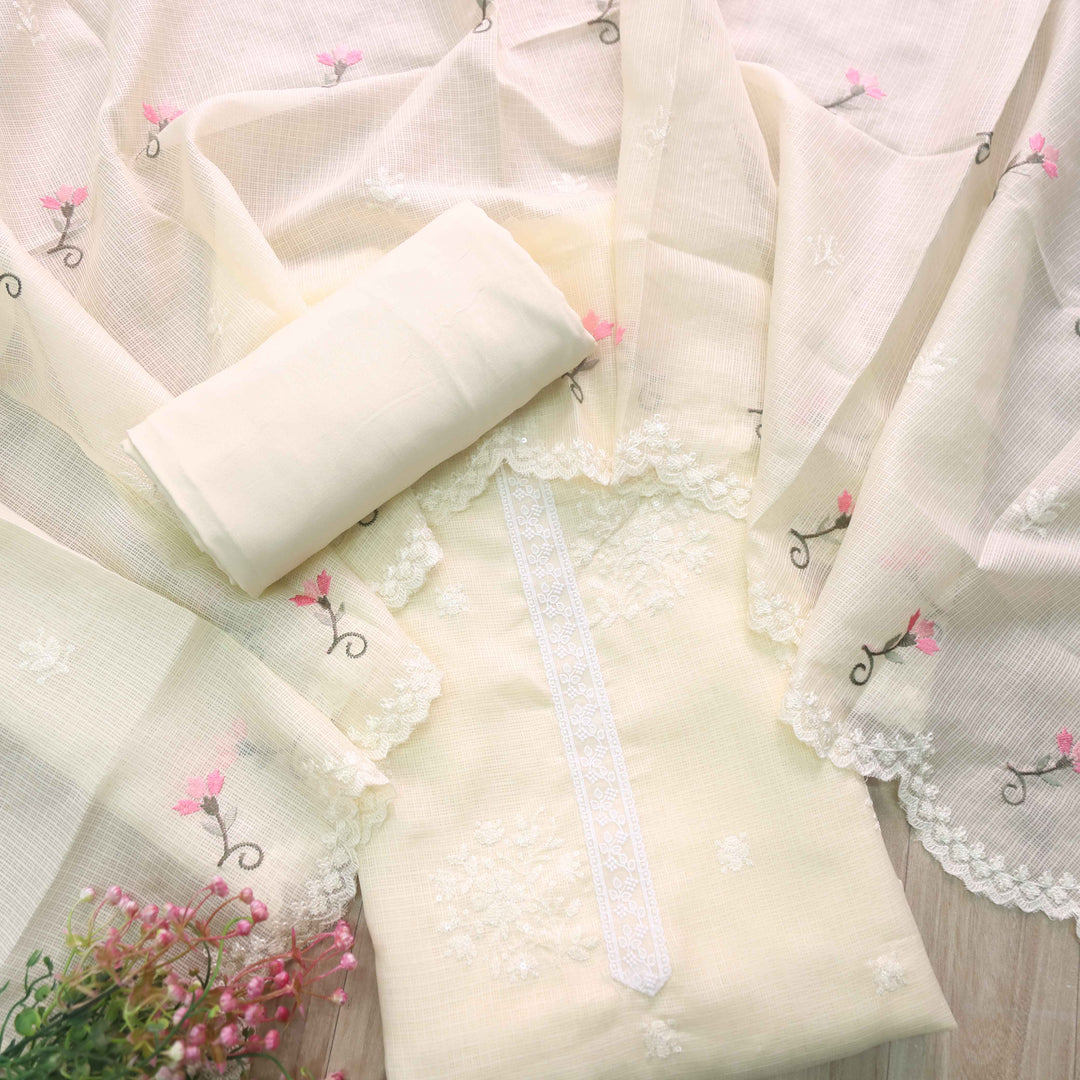 Iftaari Buter Yellow Floral Thread Embroidered Kota Doriya suit Set