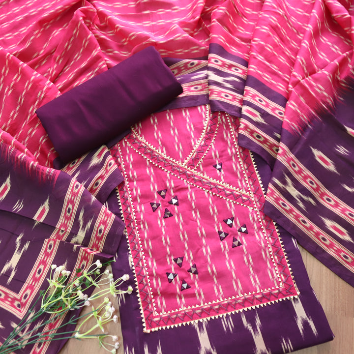 Aarushi Orchid Purple Printed Angrakha Yoke Mirror work Ikkat Print Cotton Set