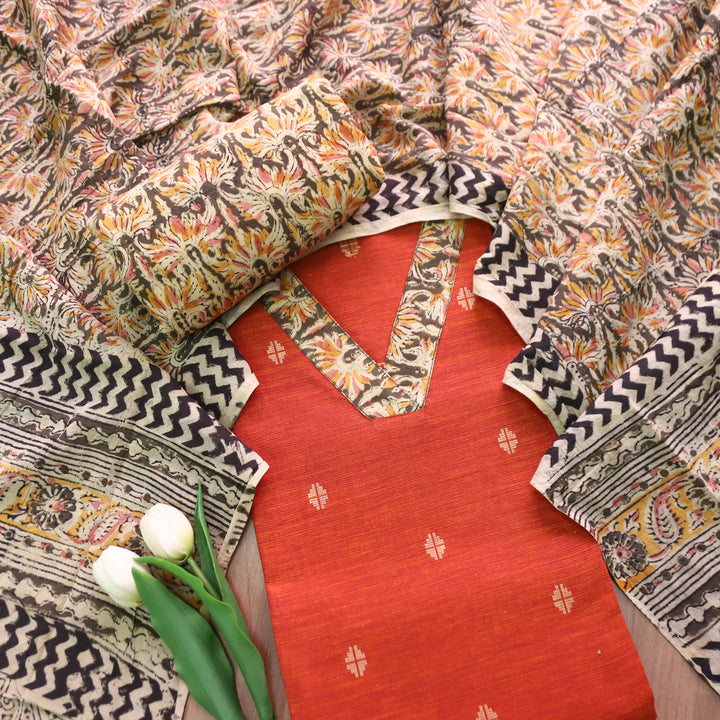 Bahara Rust Orange Kalamkari V Neck Patch Thread Weaved Cotton Suit Set