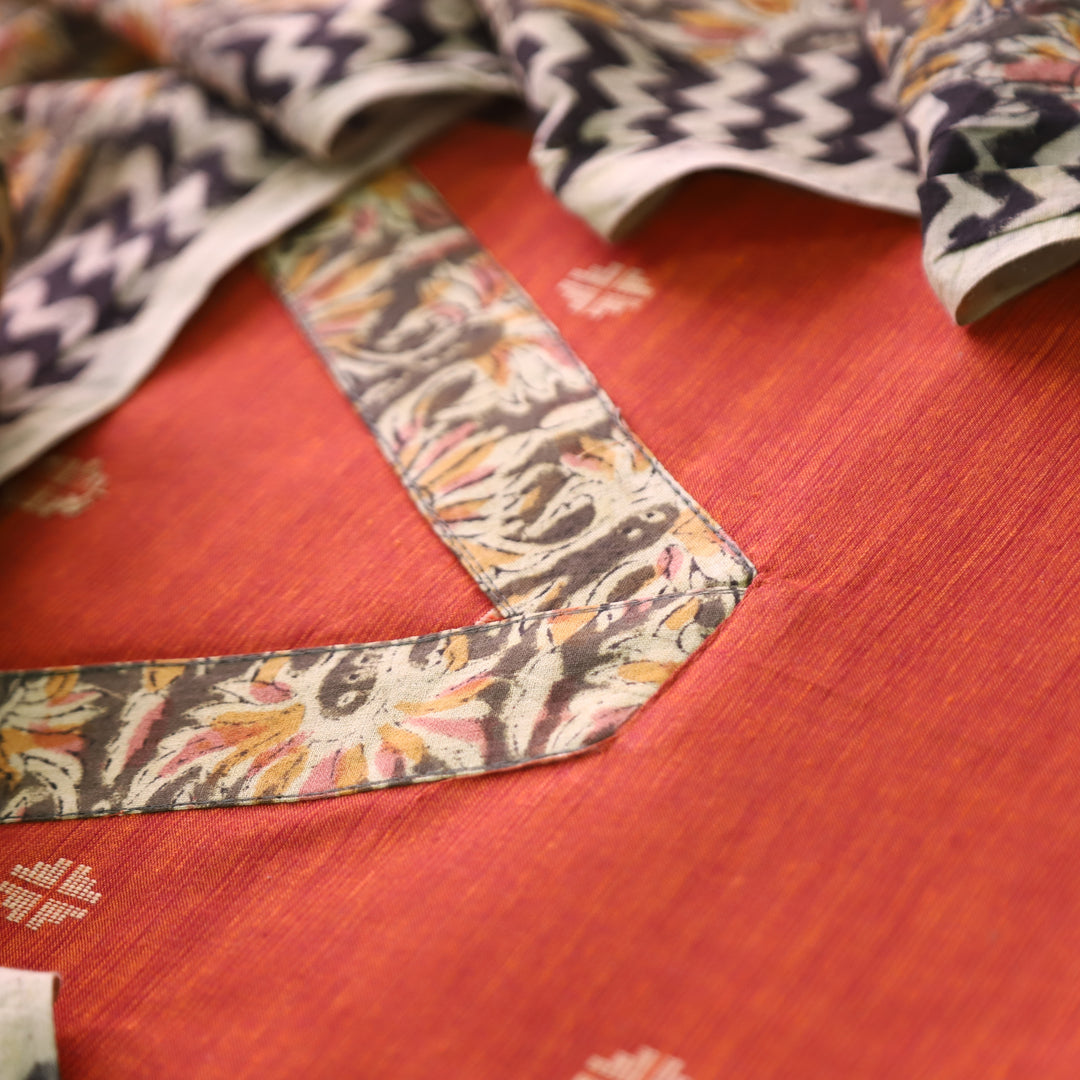 Bahara Rust Orange Kalamkari V Neck Patch Thread Weaved Cotton Suit Set