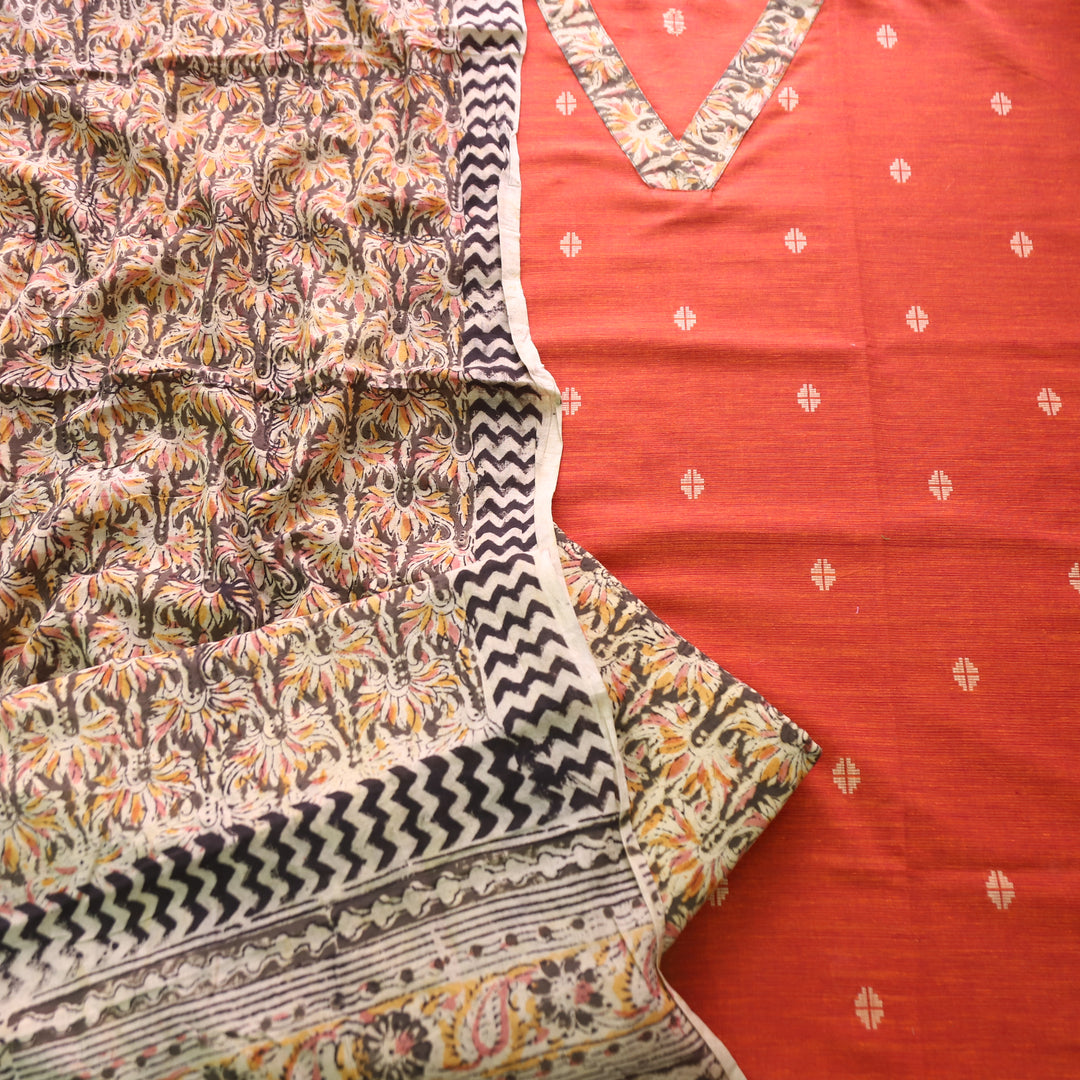 Bahara Rust Orange Kalamkari V Neck Patch Thread Weaved Cotton Suit Set
