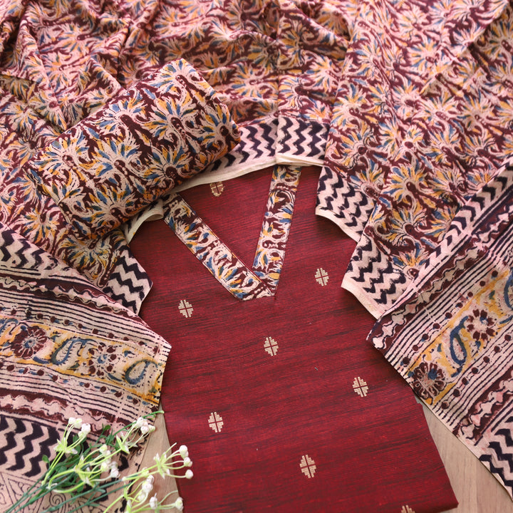 Bahara Mahogany Maroon Kalamkari V Neck Patch Thread Weaved Cotton Suit Set