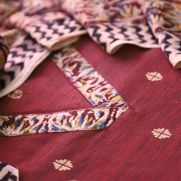 Bahara Mahogany Maroon Kalamkari V Neck Patch Thread Weaved Cotton Suit Set